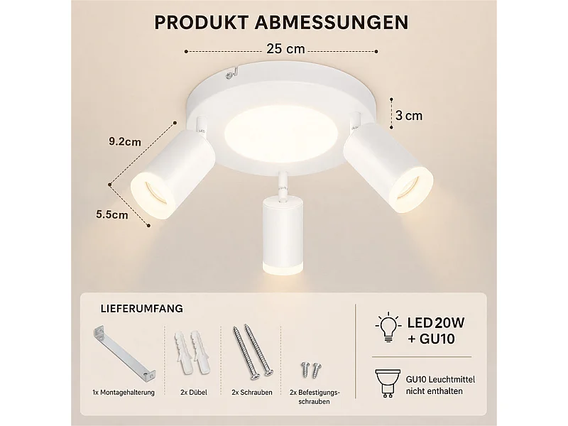 NETTLIFE Spot de plafond 3 ampoules GU10 20W chambre 3000k lampe de cuisine métal orientable