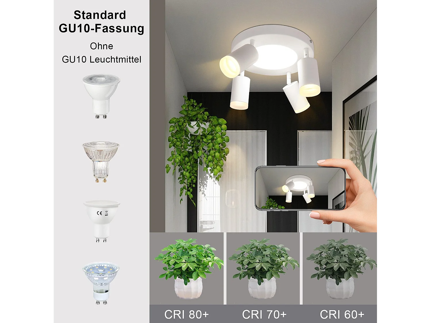 NETTLIFE Spot de plafond 4 ampoules rond 20W 3000K GU10 installation facile blanc chaud orientable 350° moderne