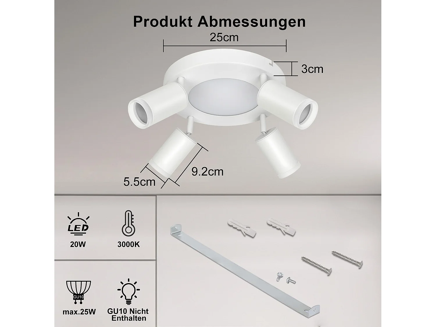 NETTLIFE Deckenstrahler 4-flammig rund 20W 3000K GU10 einfache Installation warmweiß 350° verstellbar modern