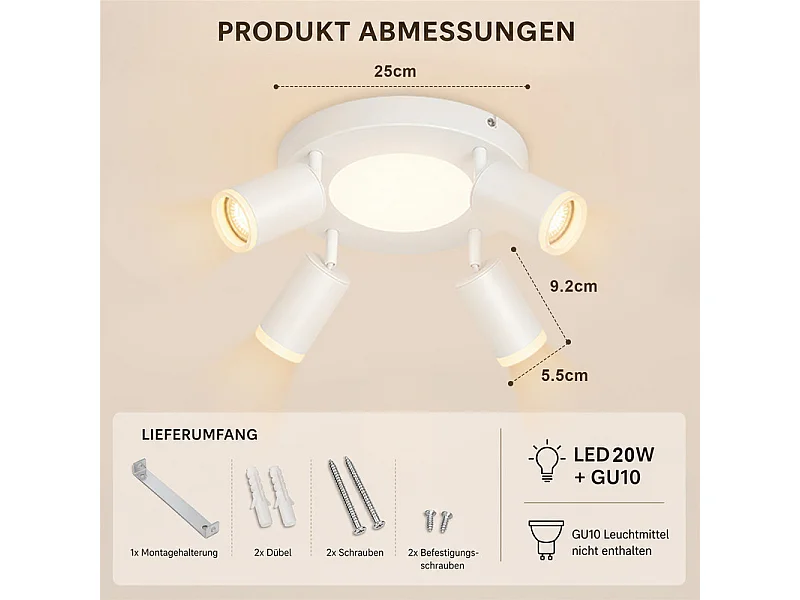 NETTLIFE Plafondspot 4 lampen rond 20W 3000K GU10 eenvoudige installatie warm wit 350° verstelbaar modern