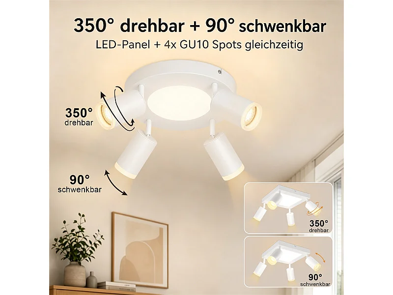 NETTLIFE Plafondspot 4 lampen rond 20W 3000K GU10 eenvoudige installatie warm wit 350° verstelbaar modern