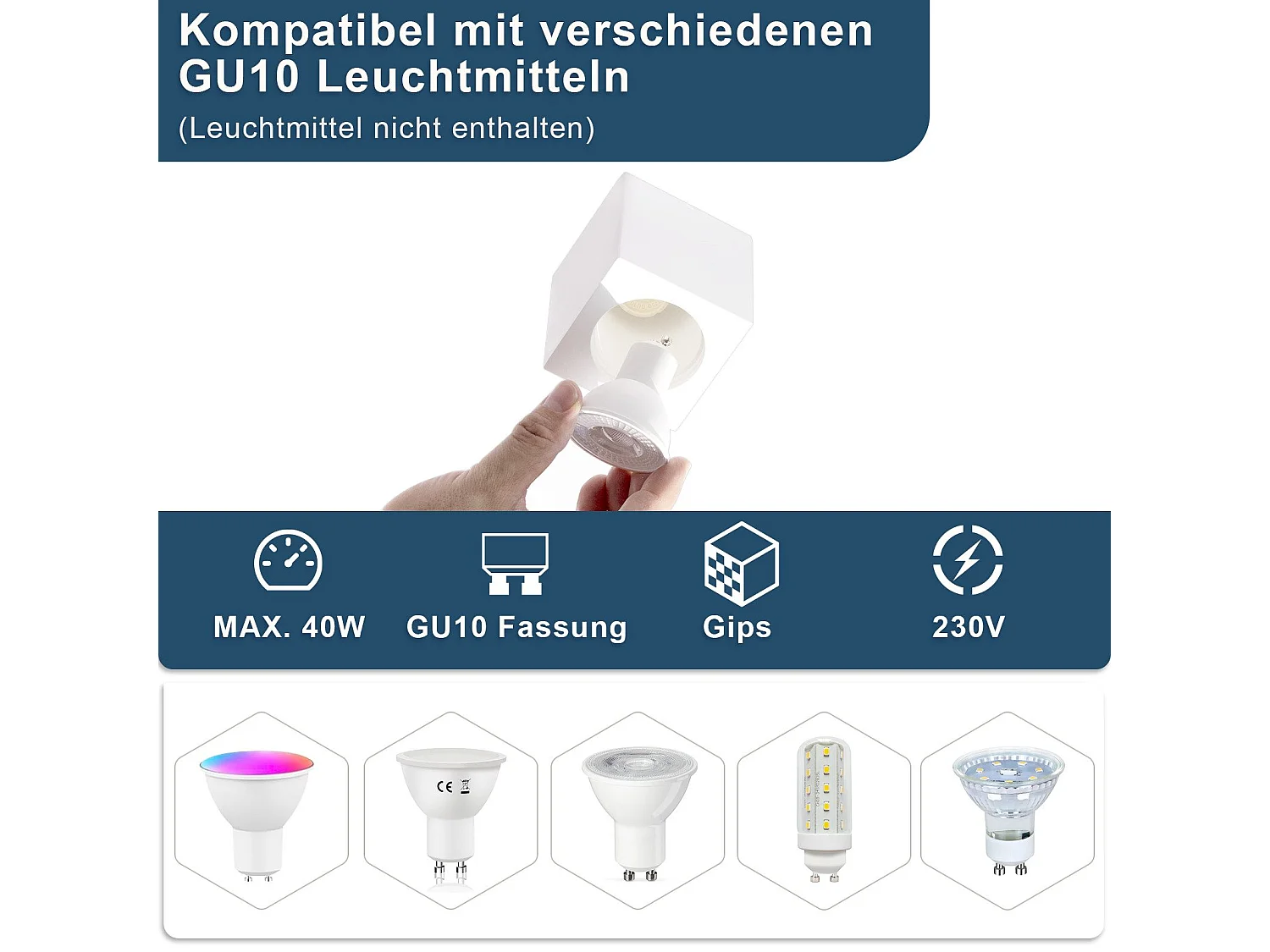 NETTLIFE Spot en saillie blanc GU10 spot en saillie carré 40W plâtre petit plafonnier moderne