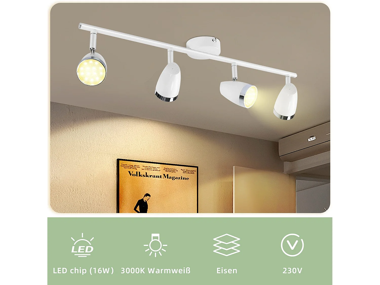 NETTLIFE Spot de plafond LED 4 ampoules moderne 4W blanc blanc chaud 3000K