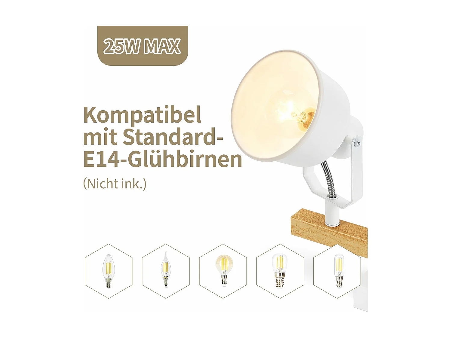 NETTLIFE Spot de Plafond 4 Flammes Orientable à 350° Vintage  E14 de conception de haute qualité en bois veiné