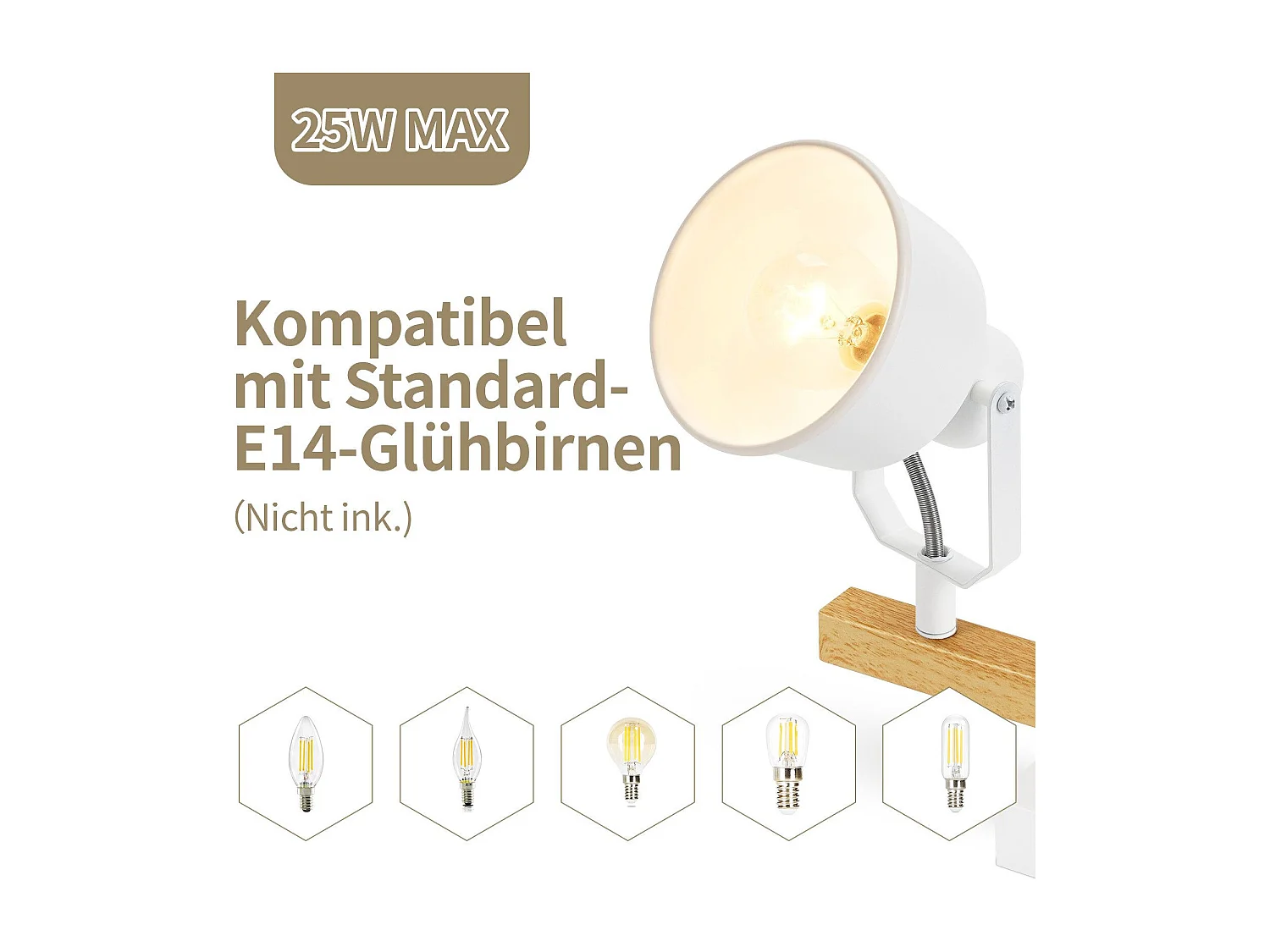 NETTLIFE Spot de Plafond 4 Flammes Orientable à 350° Vintage  E14 de conception de haute qualité en bois veiné