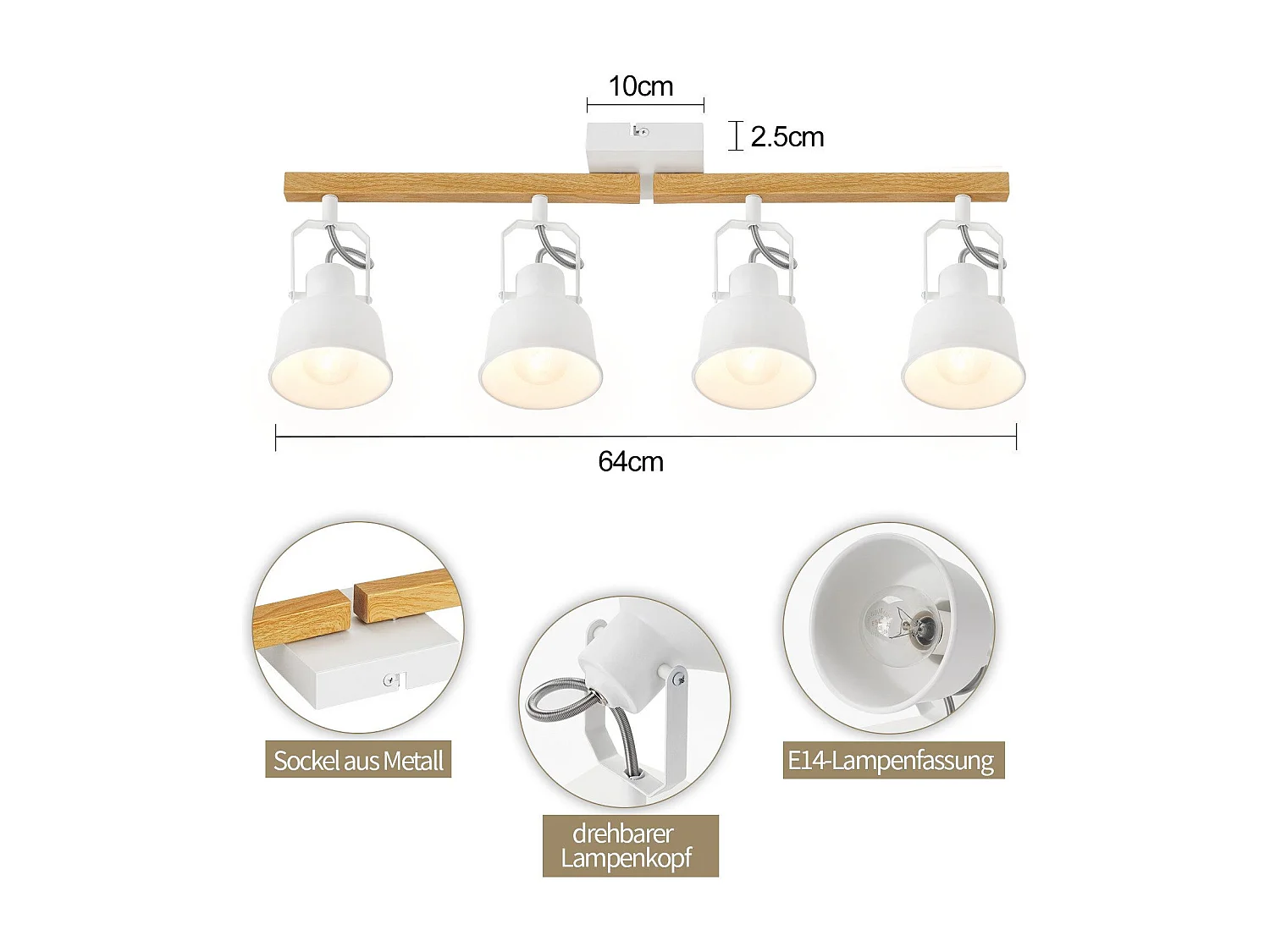 NETTLIFE Spot de Plafond 4 Flammes Orientable à 350° Vintage  E14 de conception de haute qualité en bois veiné