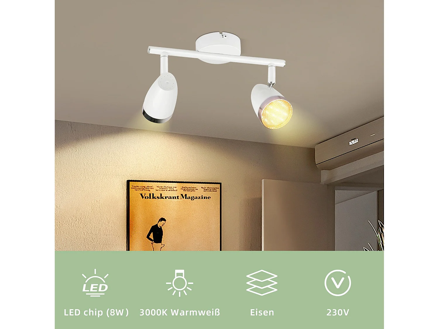 NETTLIFE Spot de plafond LED 2 ampoules moderne 4W blanc blanc chaud 3000K