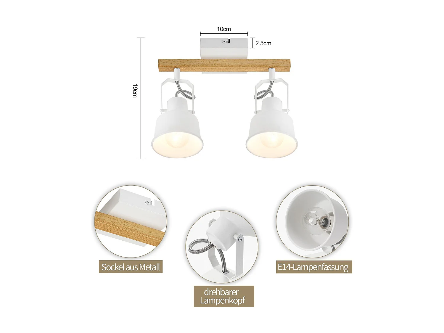 NETTLIFE Plafondspot 2 Vlammen 350° Verstelbare Vintage E14 Fitting Hoogwaardig Design in Gekorreld Hout