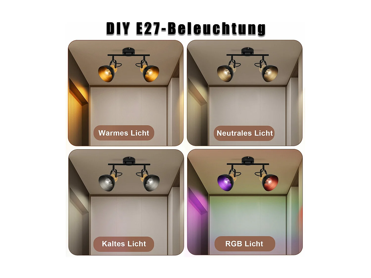 NETTLIFE Vintage Schwarz 2-Flammig Deckenstrahler E27 350° Verstellbar Retro Industrie Metall Flurlampe