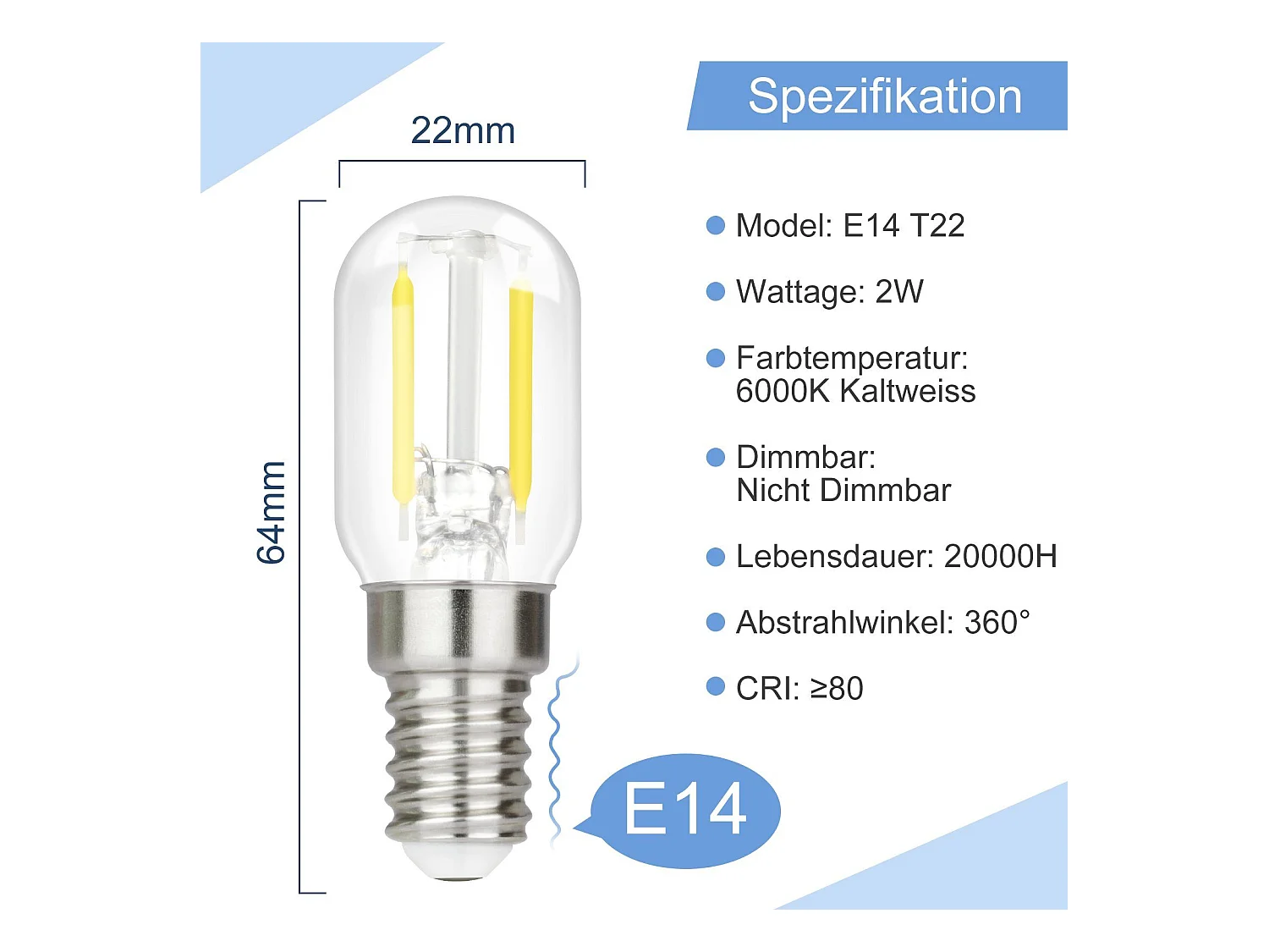 NETTLIFE LED-lampen E14 LED-lampen Vintage lampen T22 2W E14, 2 stuks, koel wit, 6000K