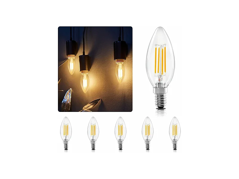 NETTLIFE E14 LED-Lampe, Warmweiß, 6 Stück, 4 W, Kerzenlampe, Vintage-Filament, 2700 K