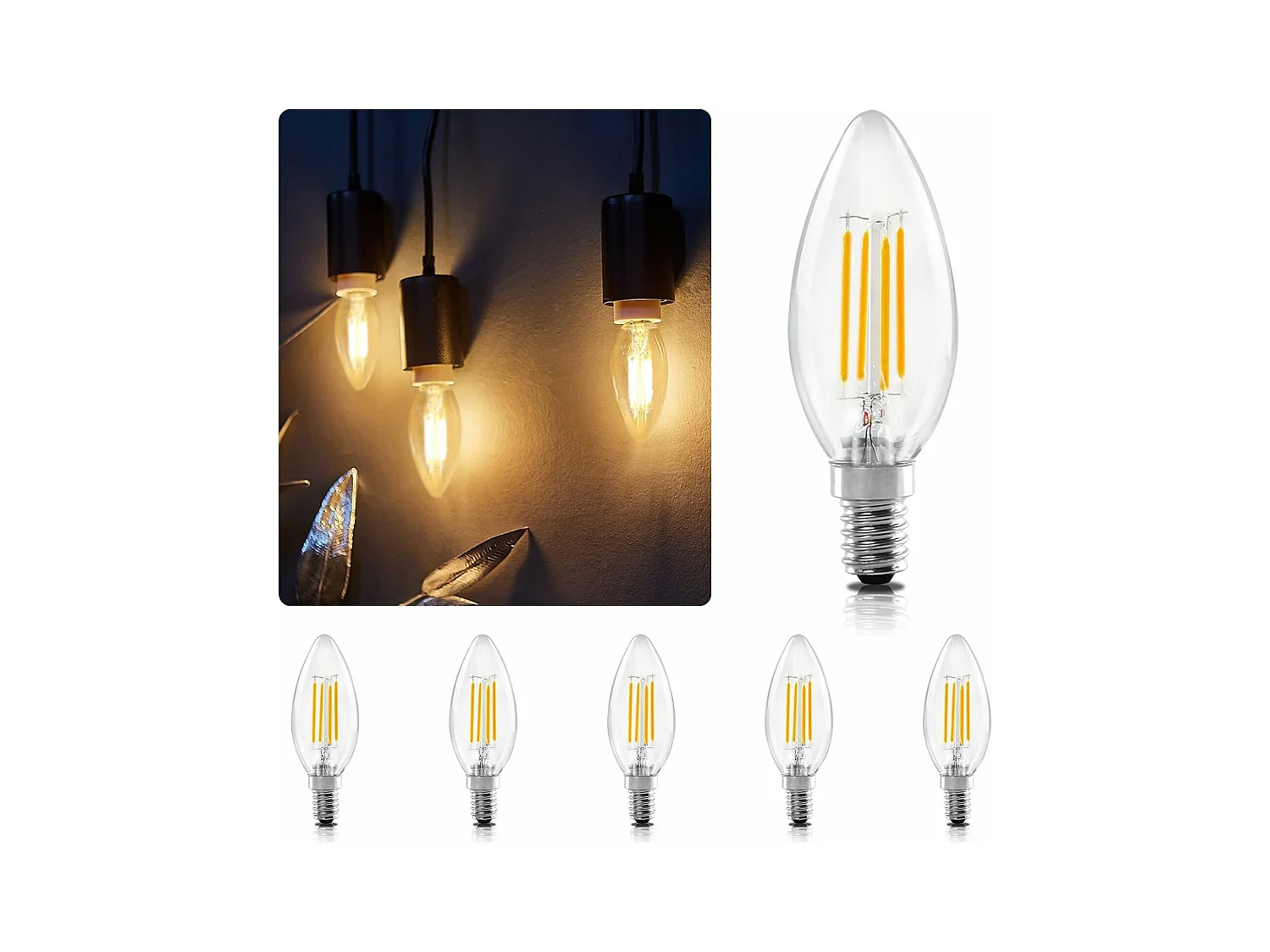 NETTLIFE Ampoule LED E14, blanc chaud, 6 pièces, 4W, lampe bougie, filament vintage, 2700K