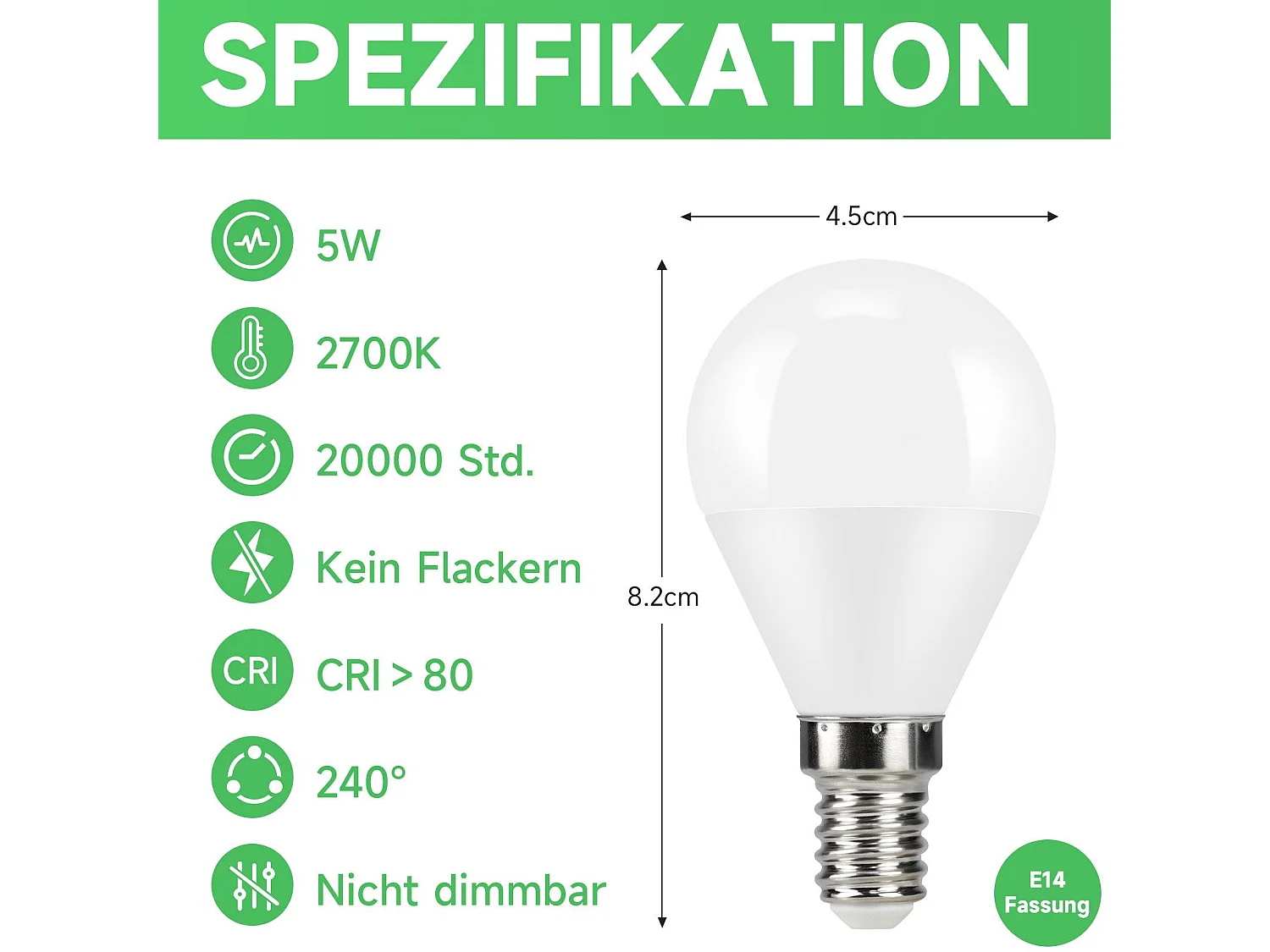 NETTLIFE Ampoule LED Ampoule LED 5W, angle de faisceau de 240°, lampe à économie d'énergie non dimmable E14, 6 pièces.