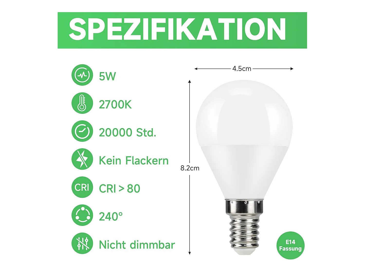 NETTLIFE LED-Lampe, 5 W, LED-Lampe, 240° Abstrahlwinkel, nicht dimmbare Energiesparlampe E14, 6 Stück.
