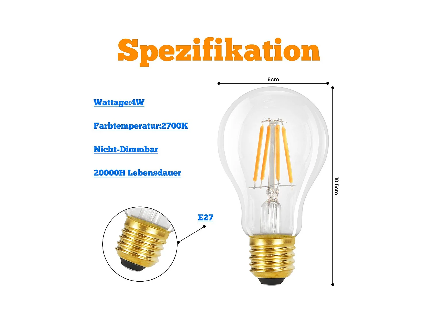 NETTLIFE LED-lampen 6 stuks E27-lamp 4W 2700K A60 Vintage Edison-lampen