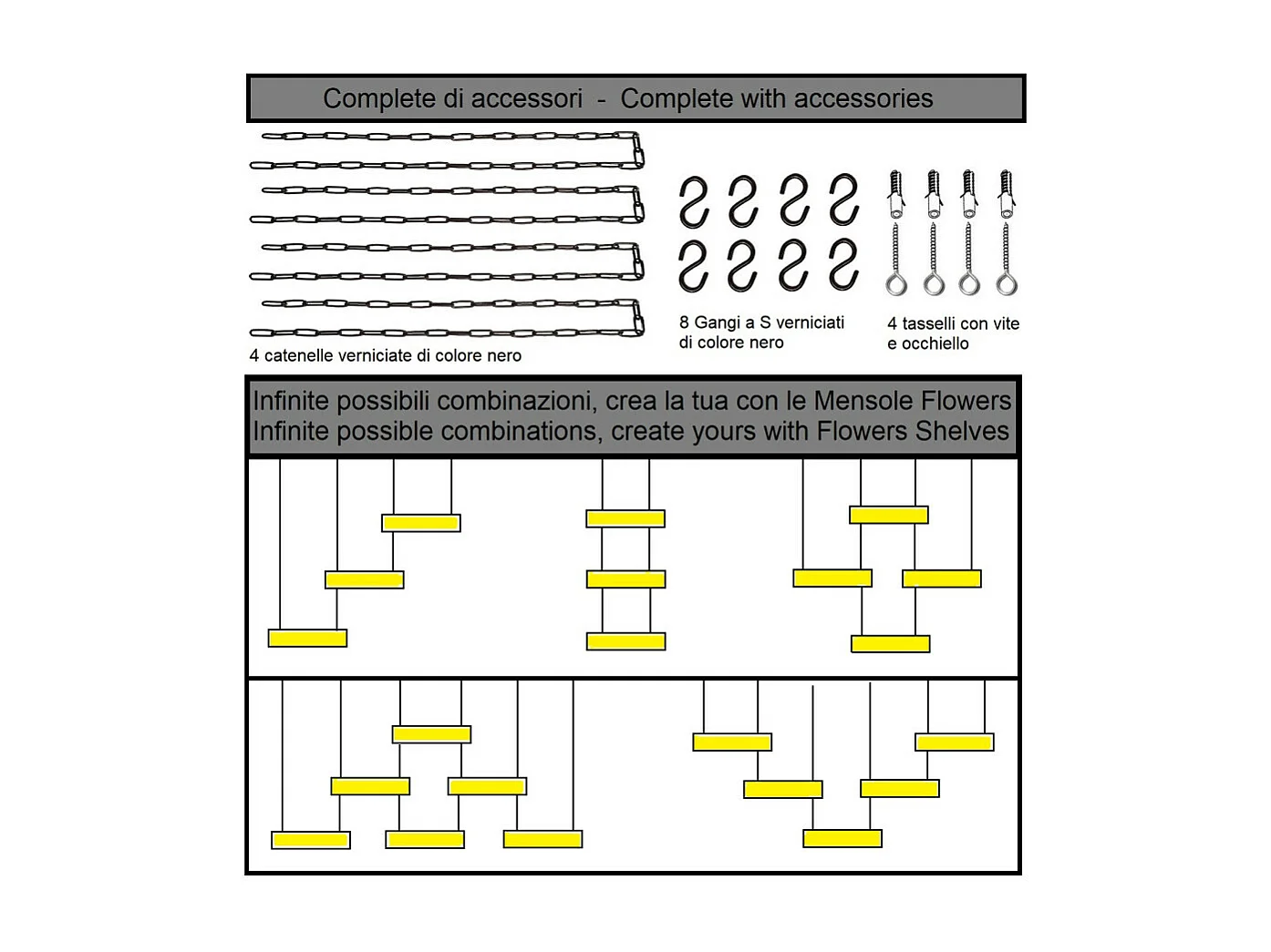 Mensola FLOWERS sospesa a soffitto NERA lunghezza 115 cm con catene per fiori giardino verticale by Yelloo