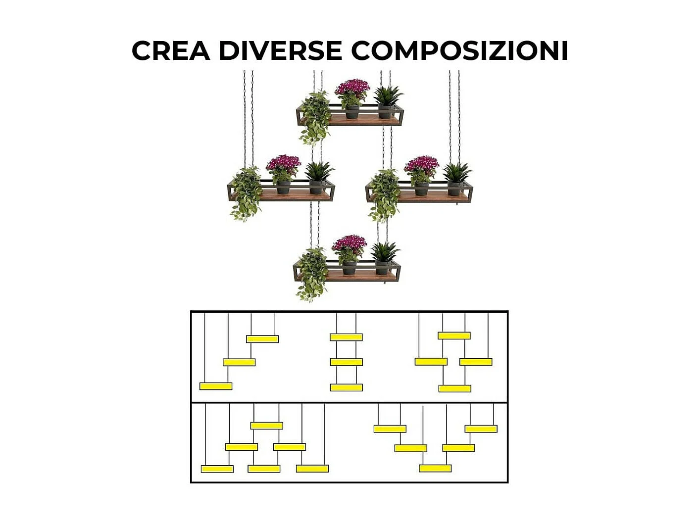 Mensola FLOWERS sospesa a soffitto NERA lunghezza 115 cm con catene per fiori giardino verticale by Yelloo