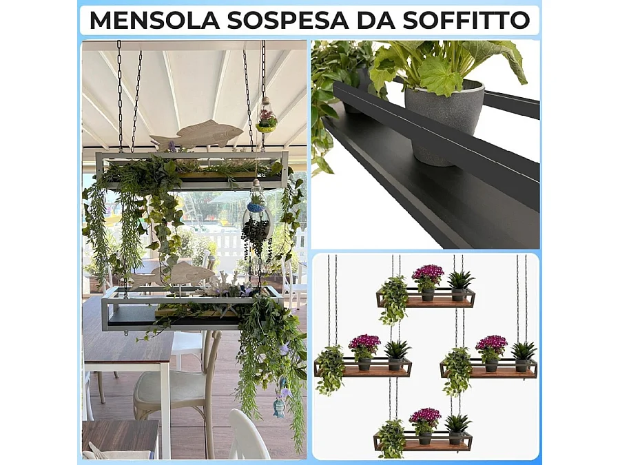 Mensola FLOWERS sospesa a soffitto NERA lunghezza 115 cm con catene per fiori giardino verticale by Yelloo