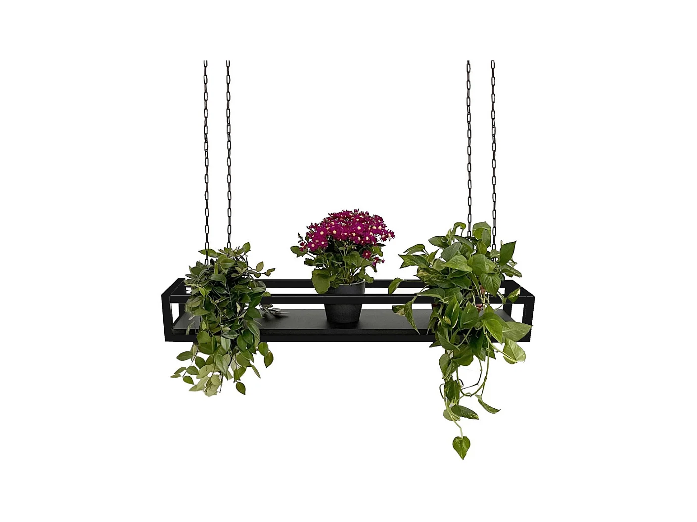 Etagère FLOWERS suspendue au plafond NOIR (NERA) longueur 115 cm avec chaines pour jardin vertical fleurs par Yelloo