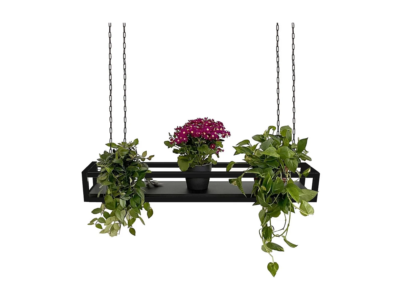 Etagère FLOWERS suspendue au plafond NOIR (NERA) longueur 115 cm avec chaines pour jardin vertical fleurs par Yelloo