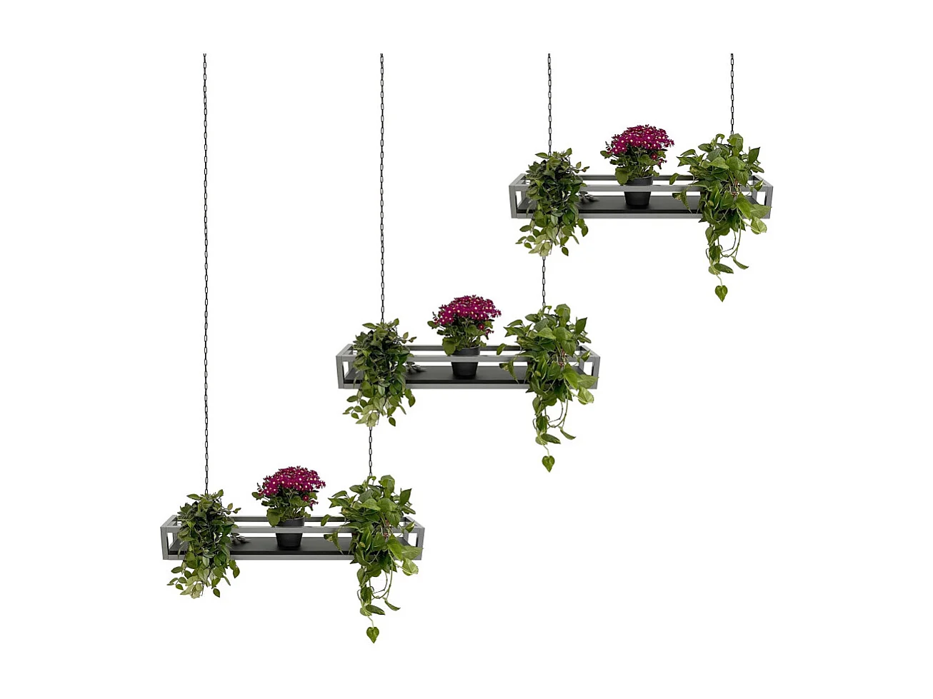 Etagère FLOWERS suspendue au plafond NOIR (NERA) longueur 115 cm avec chaines pour jardin vertical fleurs par Yelloo