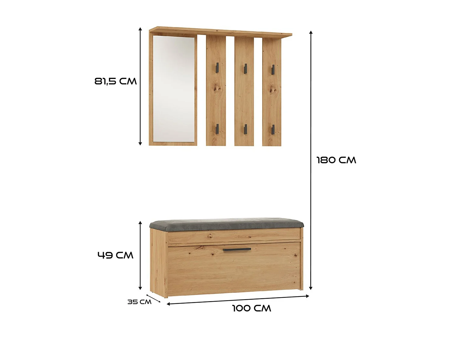 Ensemble d'entrée avec miroir - 100 cm - chêne artisanal - PARMANI