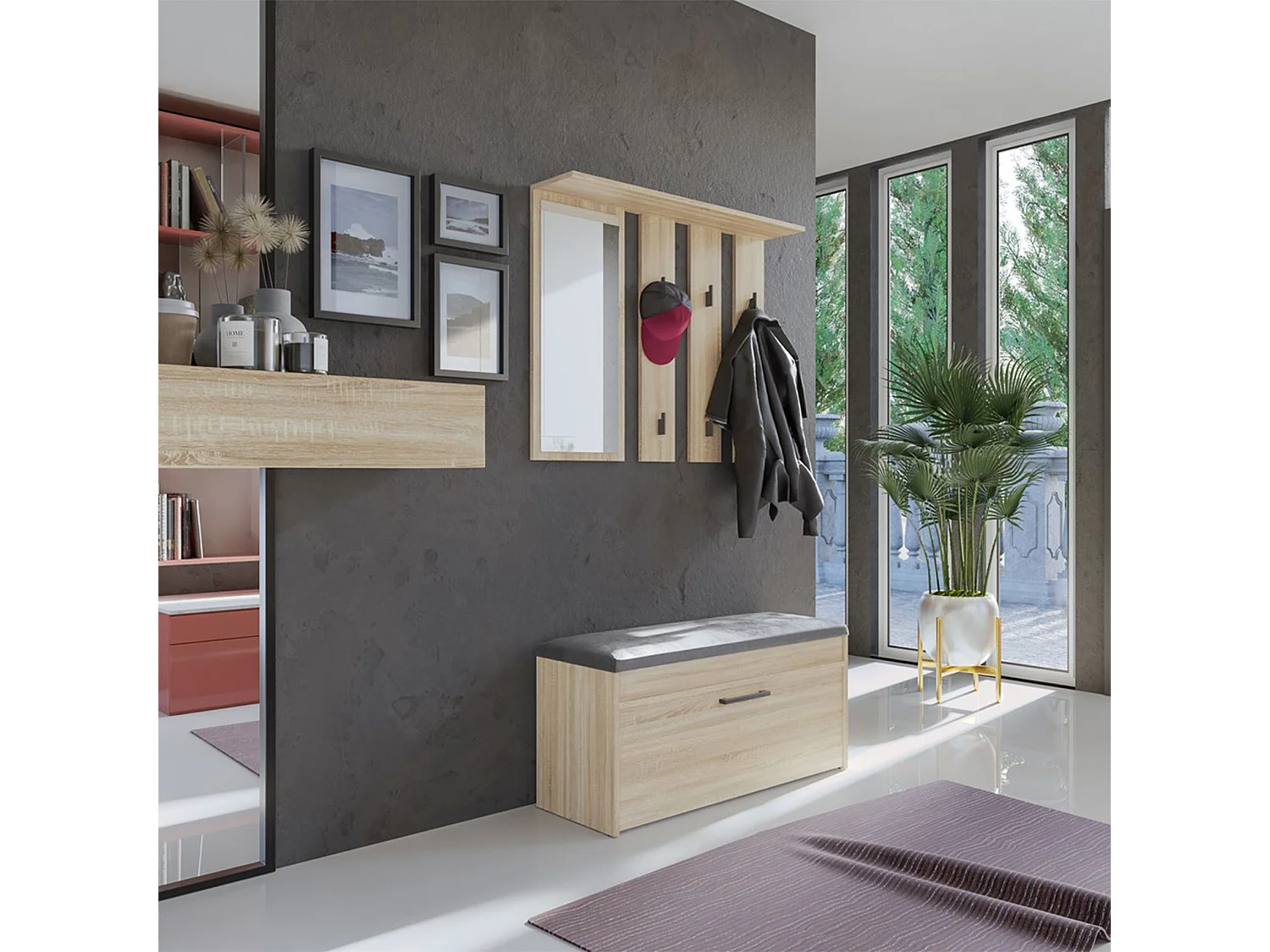 Ensemble d'entrée avec miroir - 100 cm - chêne de sonoma - PARMANI