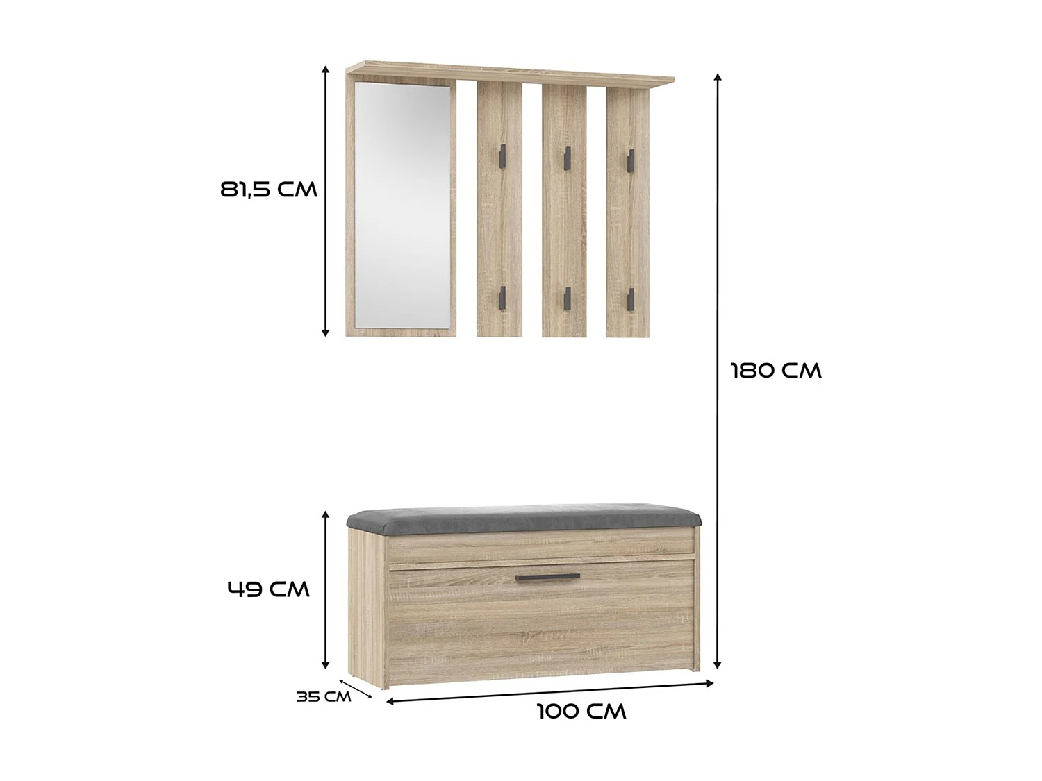 Ensemble d'entrée avec miroir - 100 cm - chêne de sonoma - PARMANI