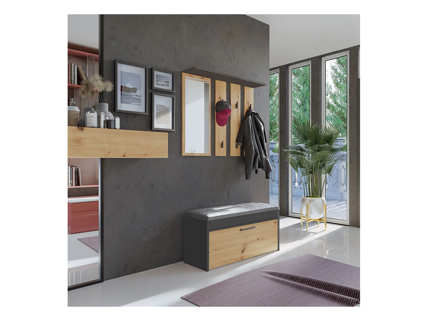 Flurmöbel-Set - mit Sitzbank und Spiegel - Artisan Eiche / Anthrazit - PARMANI