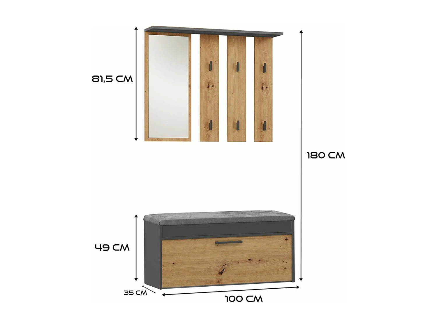 Ensemble d'entrée avec miroir - 100 cm - chêne artisanal/anthracite - PARMANI