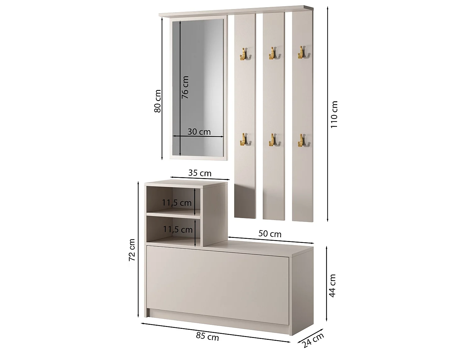 Entreeset met spiegel - 85 cm - kasjmier - YESFIR