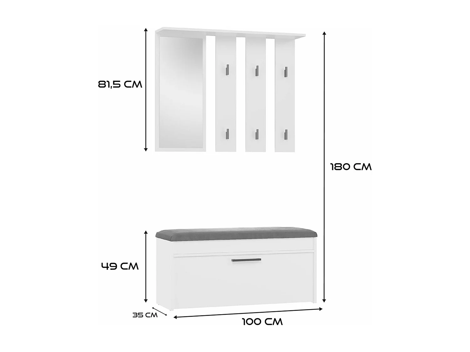 Ensemble d'entrée avec miroir - 100 cm - blanc - PARMANI