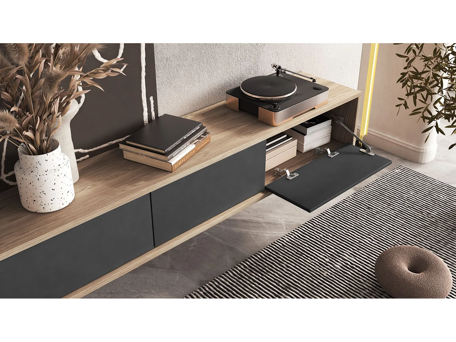 Meuble TV 3 portes - 180 cm - chêne huilé/anthracite - MODDERN