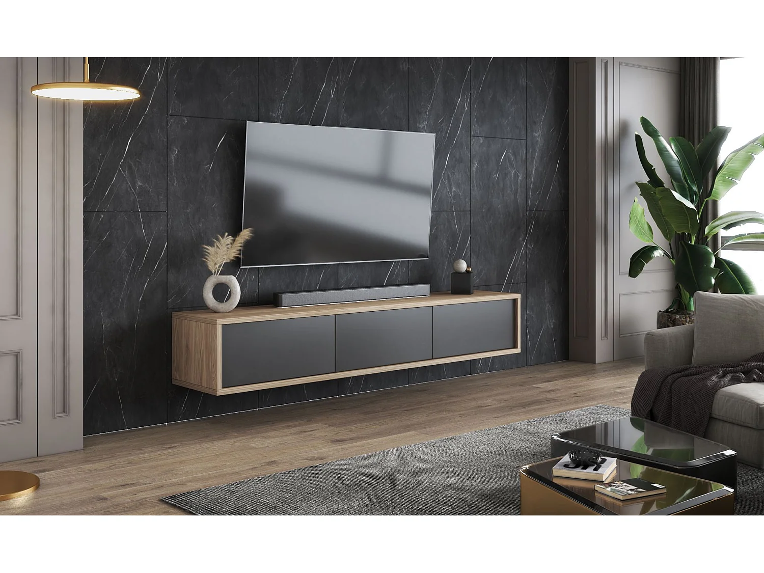 Meuble TV 3 portes - 180 cm - chêne huilé/anthracite - MODDERN