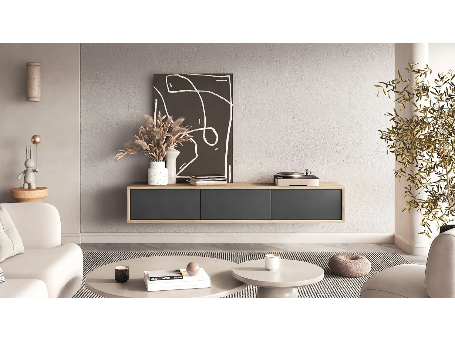 Meuble TV 3 portes - 180 cm - chêne huilé/anthracite - MODDERN