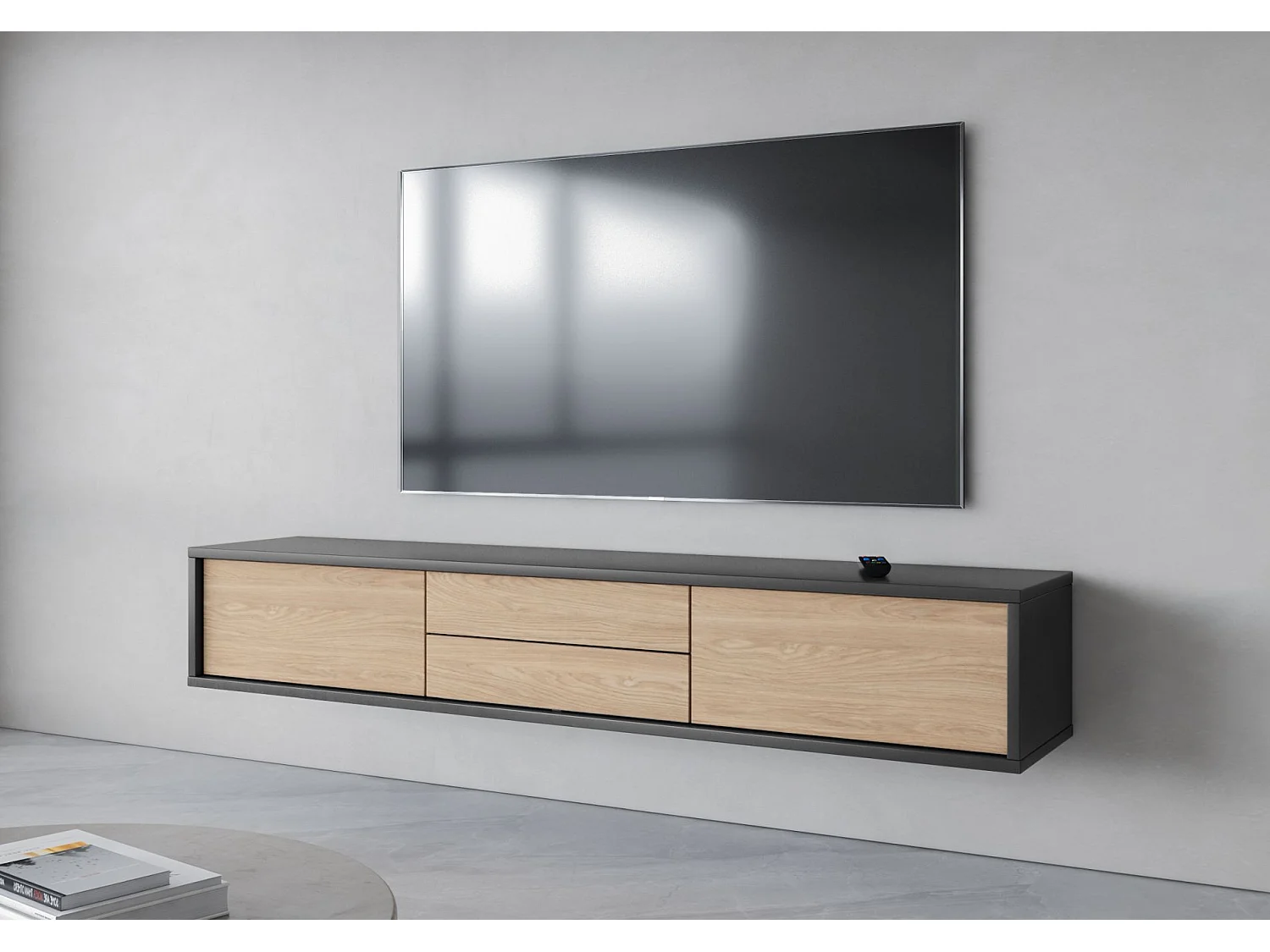 Meuble TV 2 tiroirs - 180 cm - anthracite / chêne huilé - MODDERN