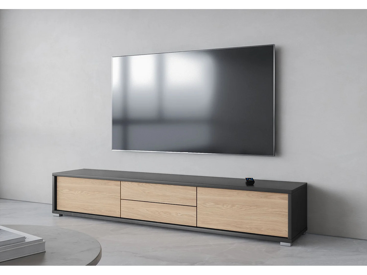 Meuble TV 2 tiroirs - 180 cm - anthracite / chêne huilé - MODDERN