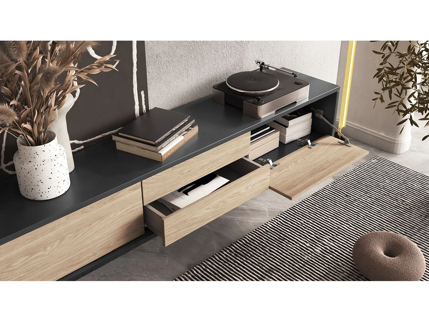 Meuble TV 2 tiroirs - 180 cm - anthracite / chêne huilé - MODDERN