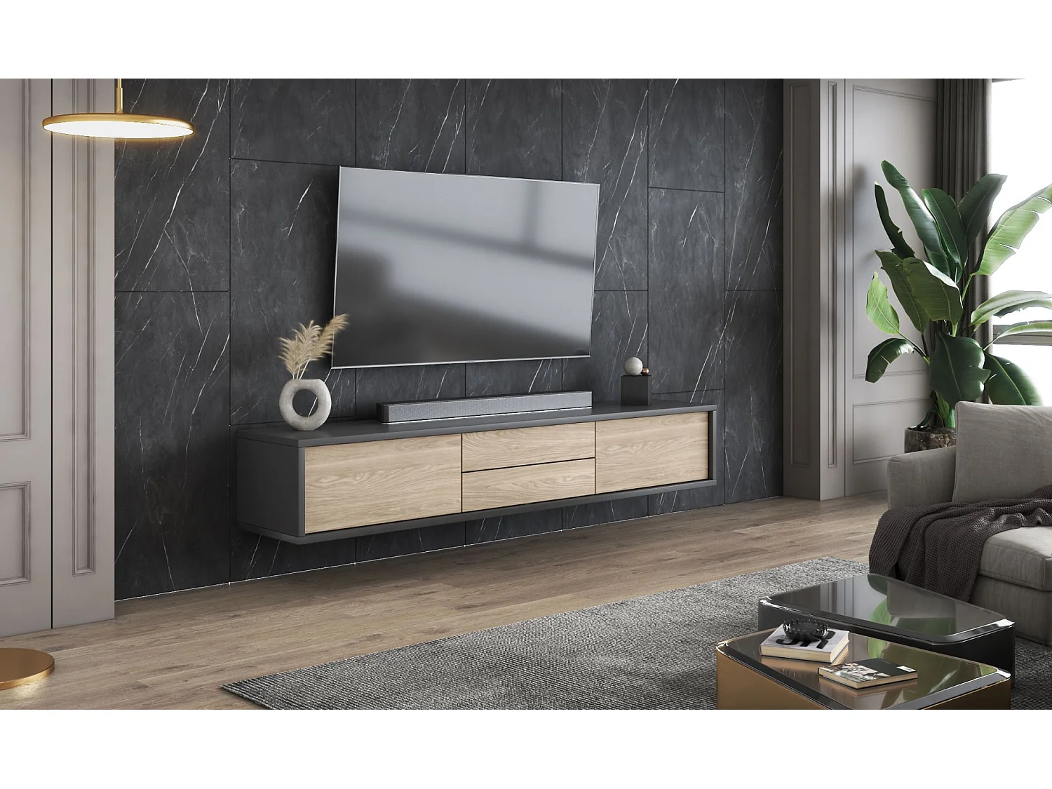 Meuble TV 2 tiroirs - 180 cm - anthracite / chêne huilé - MODDERN