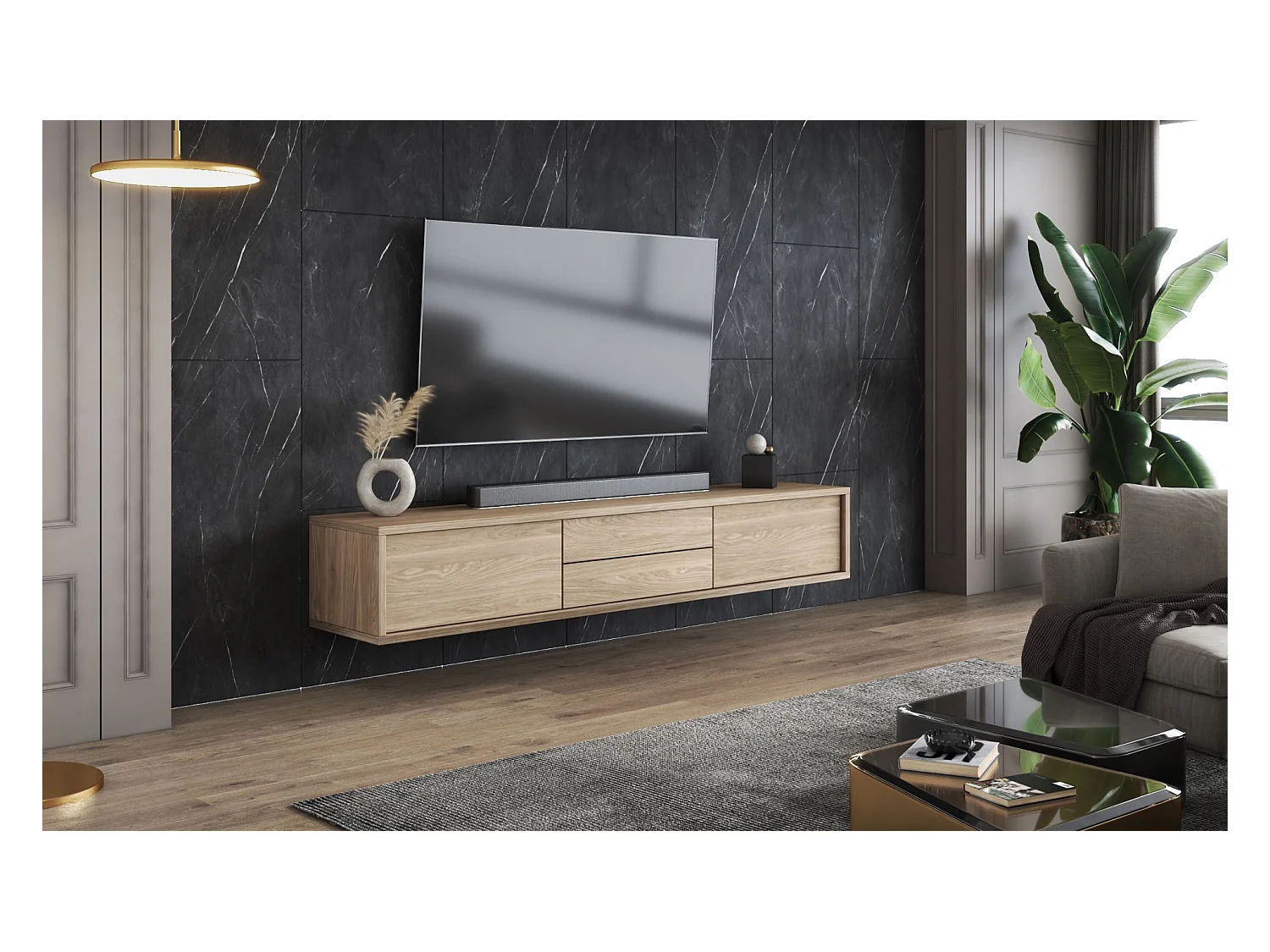 Meuble TV 2 tiroirs - 180 cm - chêne huilé - MODDERN