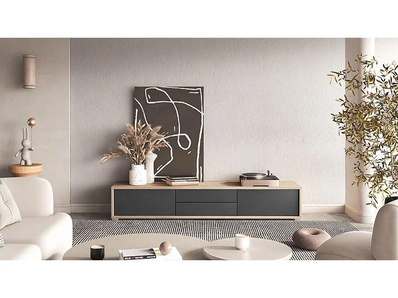 Meuble TV 2 tiroirs - 180 cm - chêne huilé/anthracite - MODDERN