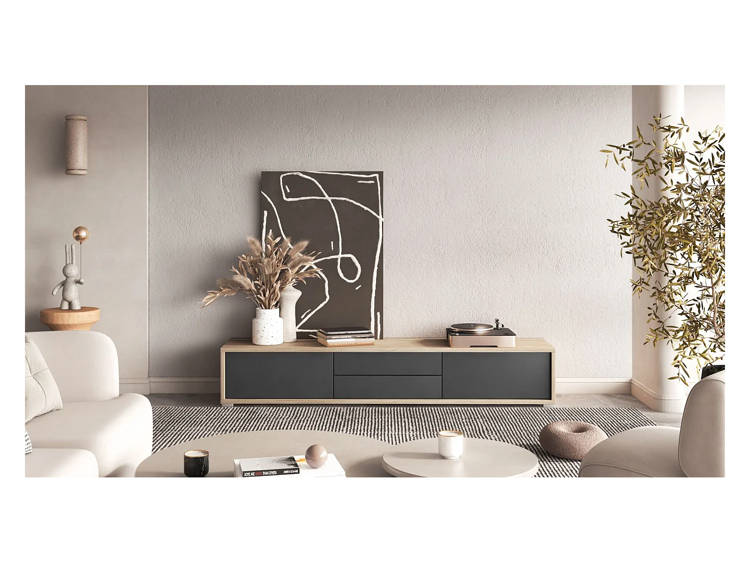 TV-Board stehend/hängend mit Schubladen - Eiche / Anthrazit - 180 cm - MODDERN