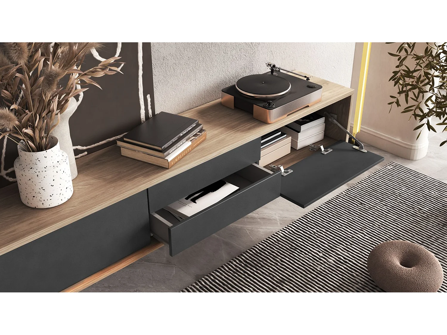 Meuble TV 2 tiroirs - 180 cm - chêne huilé/anthracite - MODDERN