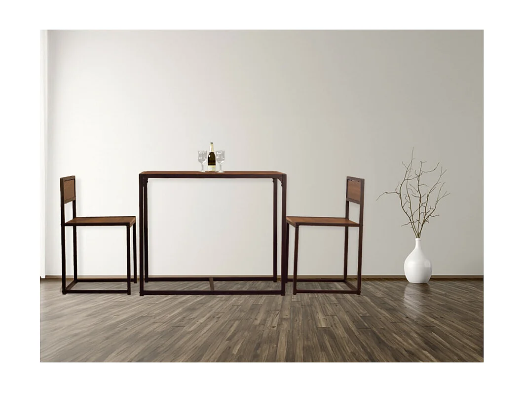 Lot de table de bar et 2 chaises en noyer brun. Modèle compact et peu encombrant. SIENA par Yelloo