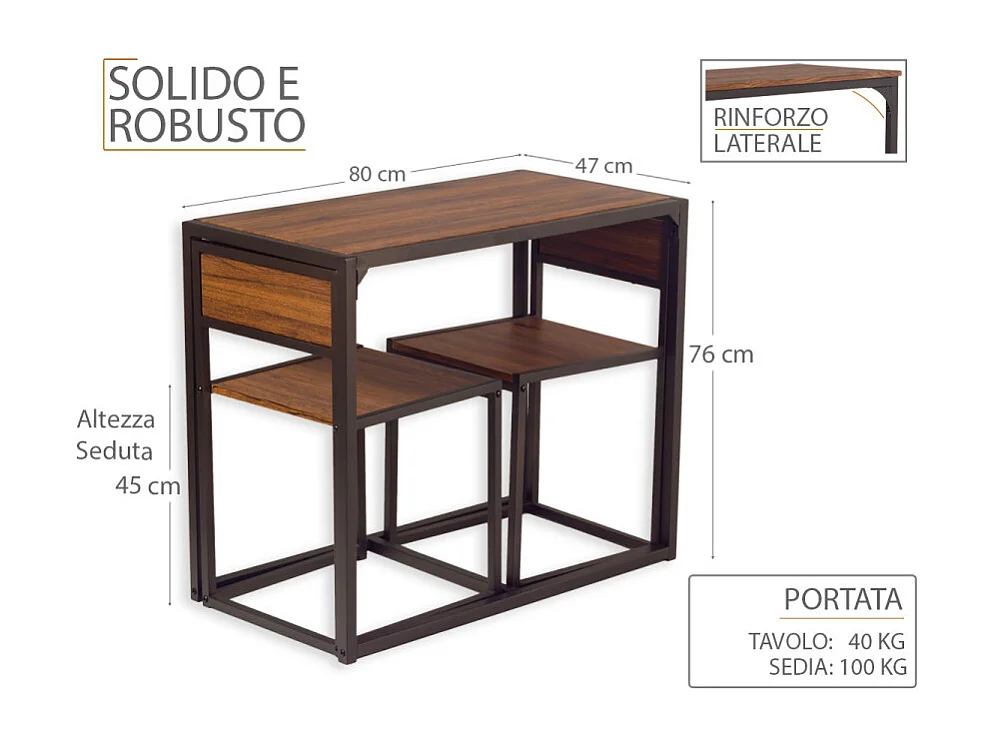 Set Tavolo bar e 2 Sedie marrone noce  Compatto Salvaspazio mod. SIENA by Yelloo