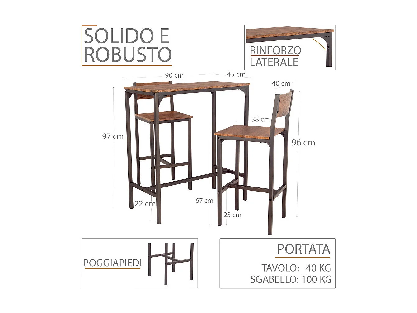 Lot de table de bar et 2 tabourets en noyer marron mod. VENICE par Yelloo
