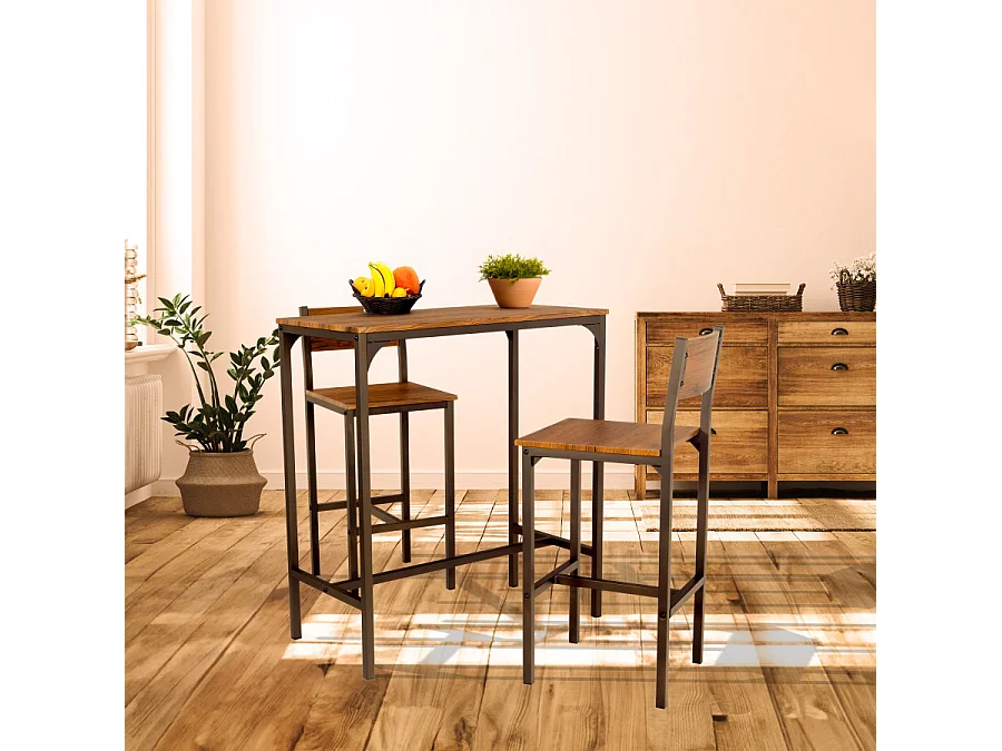 Lot de table de bar et 2 tabourets en noyer marron mod. VENICE par Yelloo