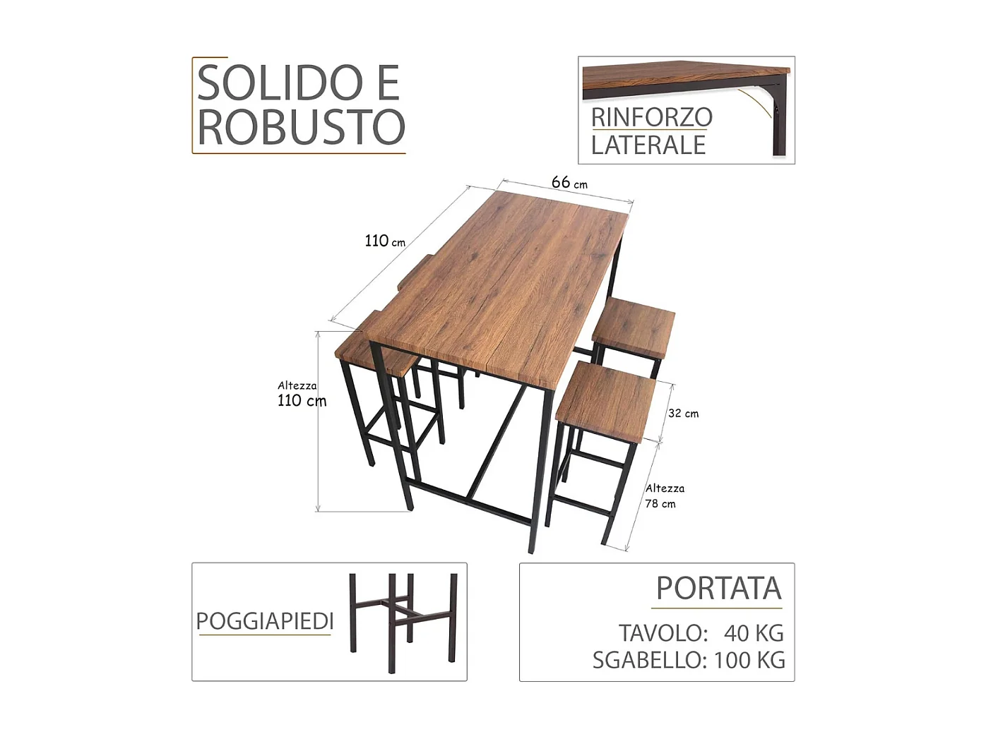 Lot table de bar 110x66xH110cm et 4 tabourets noyer marron mod. FIRENZE par Yelloo