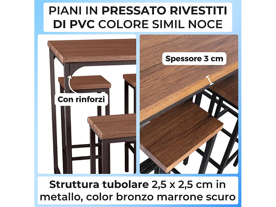 Lot table de bar 110x66xH110cm et 4 tabourets noyer marron mod. FIRENZE par Yelloo