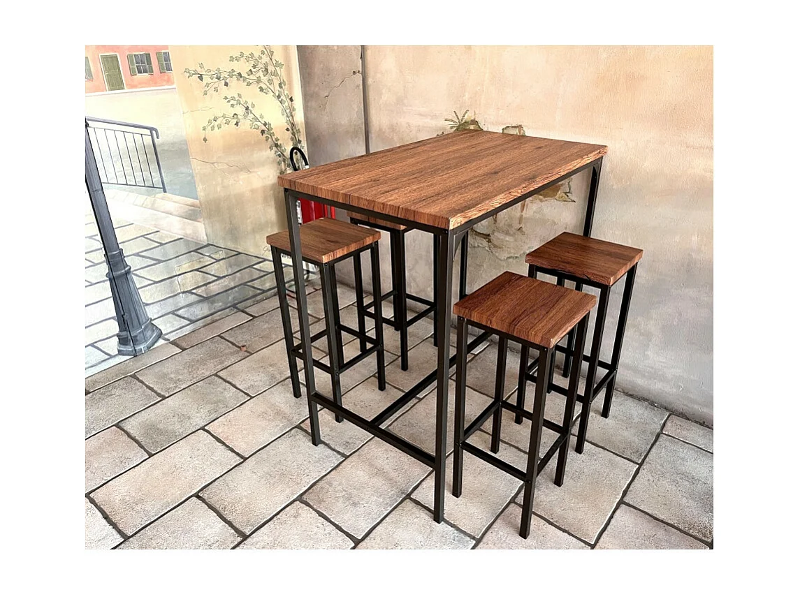 Lot table de bar 110x66xH110cm et 4 tabourets noyer marron mod. FIRENZE par Yelloo